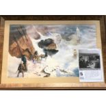 A framed, glazed Paul Raymond Gregory print of Hobbits on a mountain scene, presented to the Lord