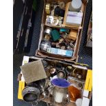 A box containing various wrist watches and clocks, together with a box of various EPNS and