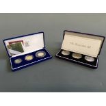 The Royal Mint three silver coin 2002 Accession set, with silver proof piedfort 2003 three coin set,