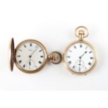 A lot to include, a gold plated Waltham full hunter crown wind pocket watch, the white enamel dial