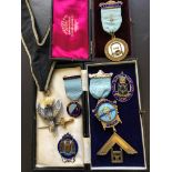 Five various Masonic medals, some enamel on silver and one Scottish Masonic ribbon medal.