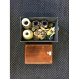 A box of various vases and ornaments, together with a wooden cards box