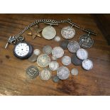 A silver cased gents pocket watch together with chain, four various medals and a collection of coins