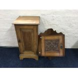 A pine pot cupboard together with an oak, carved fronted single door corner cupboard