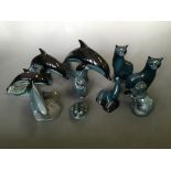 Ten Poole Pottery figurines including two cats, three dolphins, a fish, a frog, an owl, a seal and