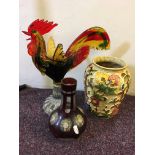 A glass cockerel, a red painted glass vase and one Indian Tree pottery case