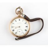 A gold plated J. J. Mercer crown wind open face pocket watch, movement marked American Waltham USA