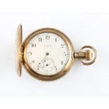 An Elgin gold plated crown wind full hunter pocket watch, the white enamel dial having hourly Arabic