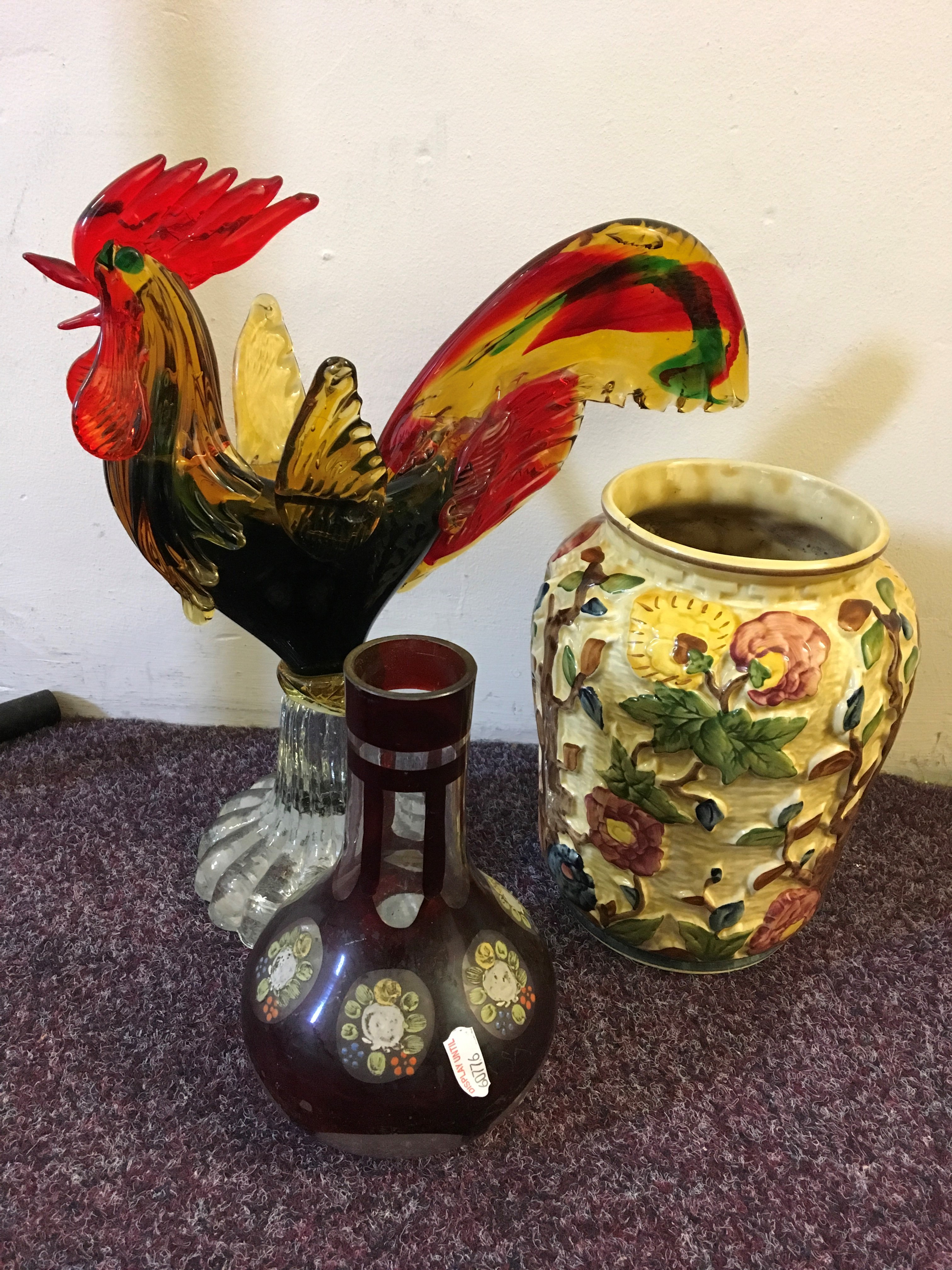 A glass cockerel, a red painted glass vase and one Indian Tree pottery case