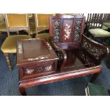 A n oriental hardwood telephone hall seat with Mother of Pearl inlay with dragon and blossom