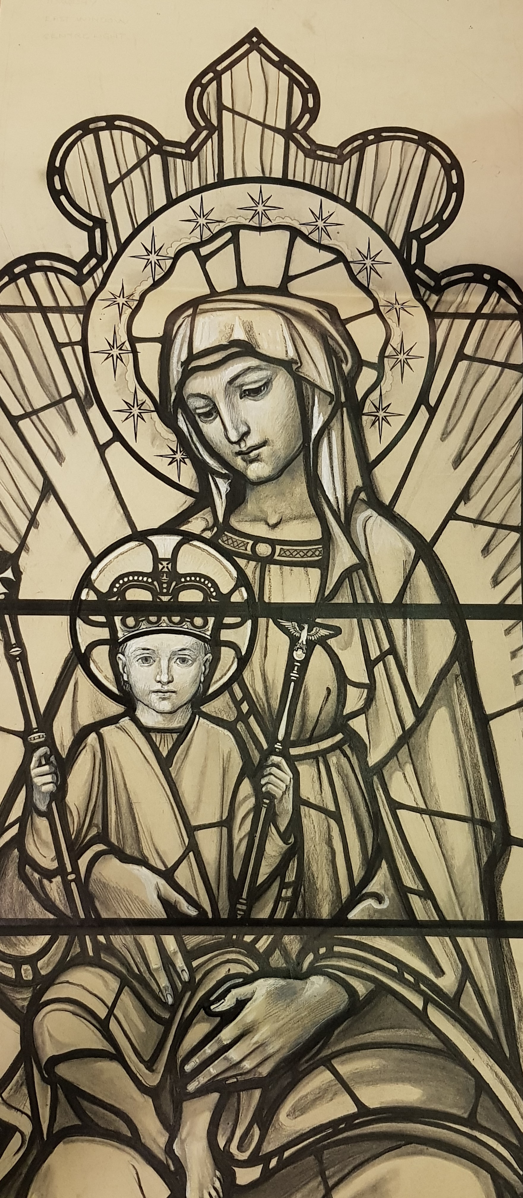 A stamped John Hardman watercolour and pencil stained glass design, saint with child. Approximate