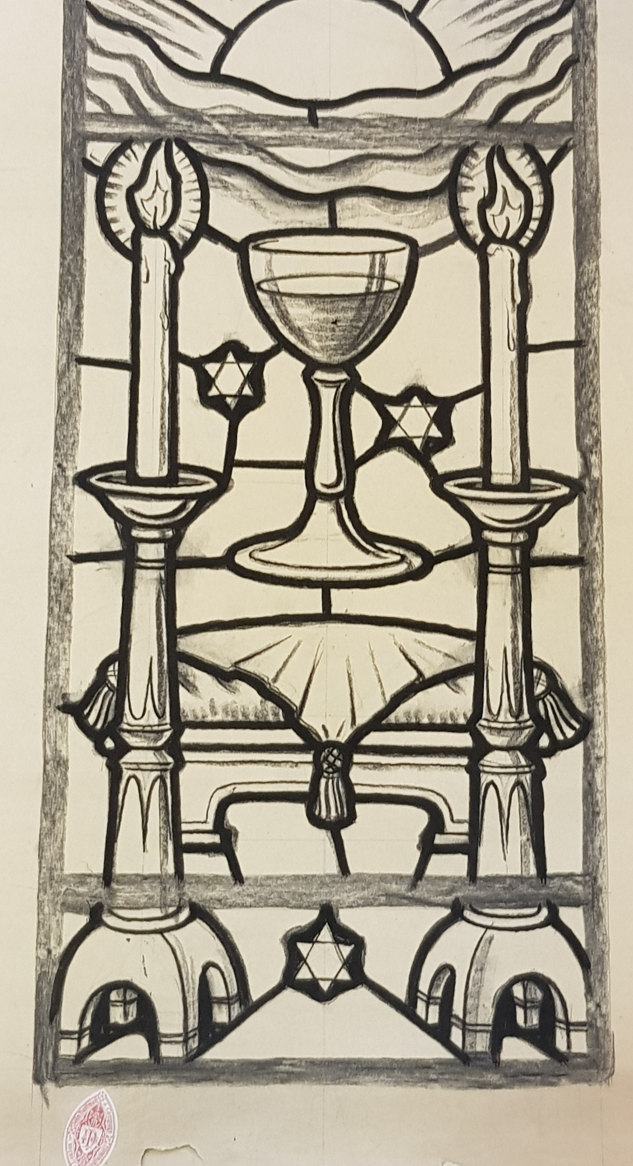 A stamped John Hardman watercolour and charcoal stained glass design, Palmers Green Synagogue