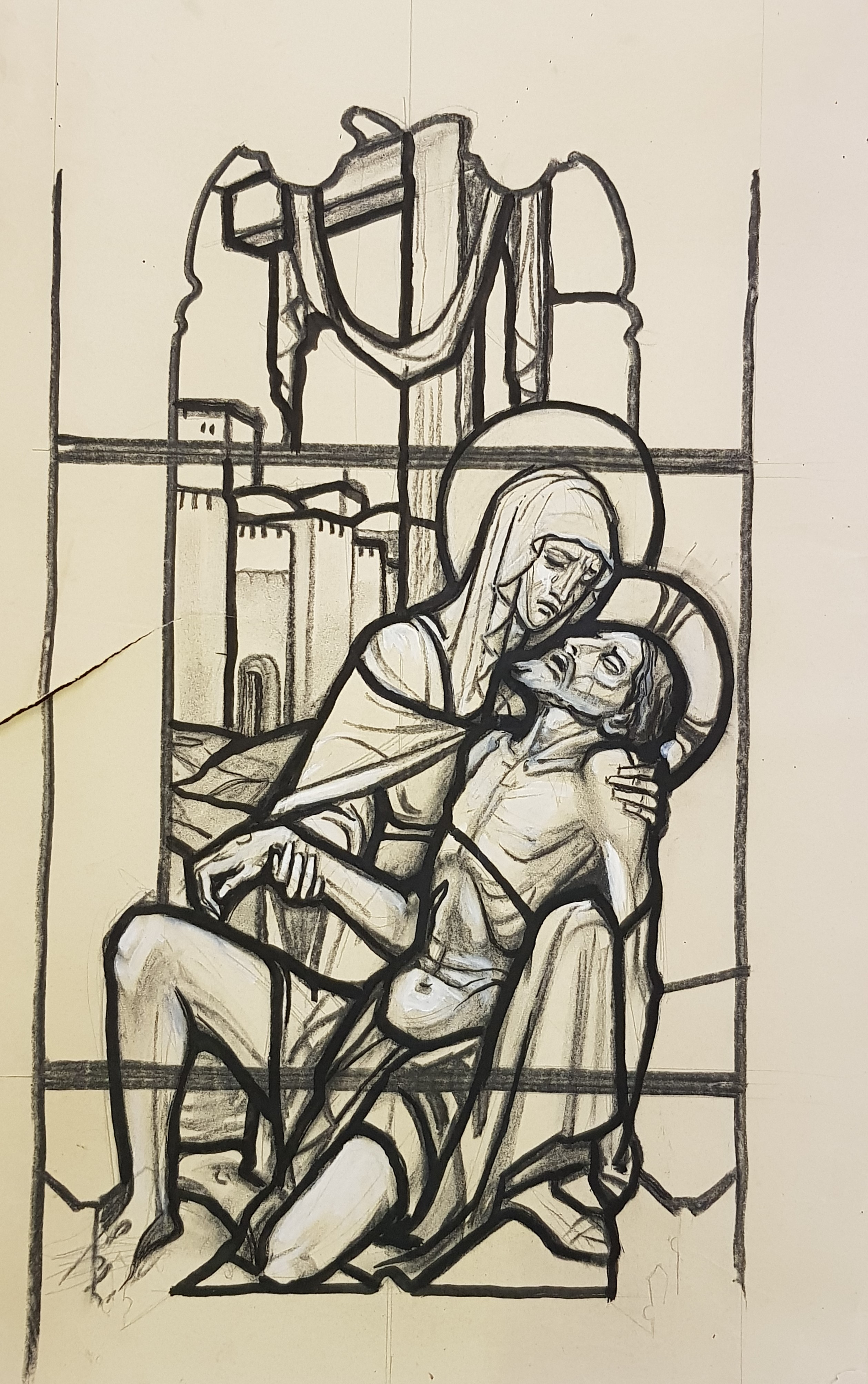 A stamped John Hardman watercolour and charcoal stained glass design, Palmers Green Synagogue - Image 2 of 2