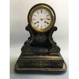A Duplan and Salles French empire ebonised clock in glass dome with brass inlay, pendulum and