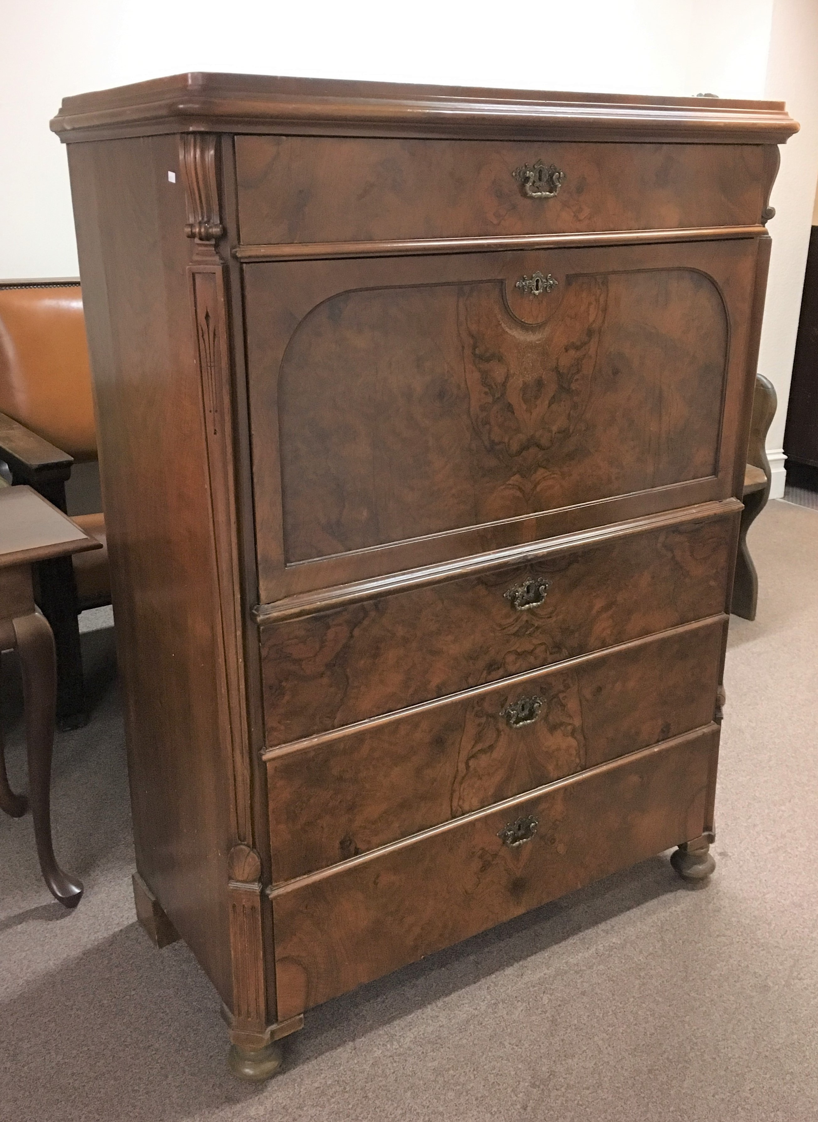 A walnut secretaire Biedermeier desk fitted with four drawers and interior. Height- 144cm, Width-