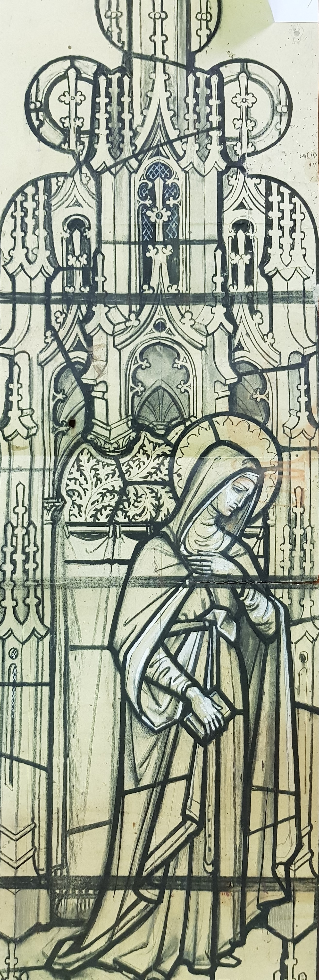 A stamped John Hardman watercolour and charcoal stained glass design, St Edmunds, Bury Street.