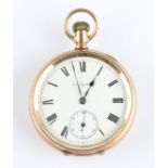 An Elgin gold plated open face crown wind pocket watch, the white enamel dial having hourly Roman
