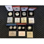 A selection of Royal Mint Silver Proof coins to include two crowns dated 1990 and 1993, a five pound