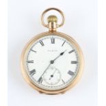 An Elgin 9ct yellow gold cased open face crown wind pocket watch, the white enamel dial having