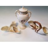 A Royal Worcester three opening handkerchief bowl with ribbon design to top and puce mark to base,