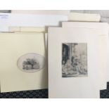 A large collection of unframed, mounted etchings on paper or portraits, hunting scenes and