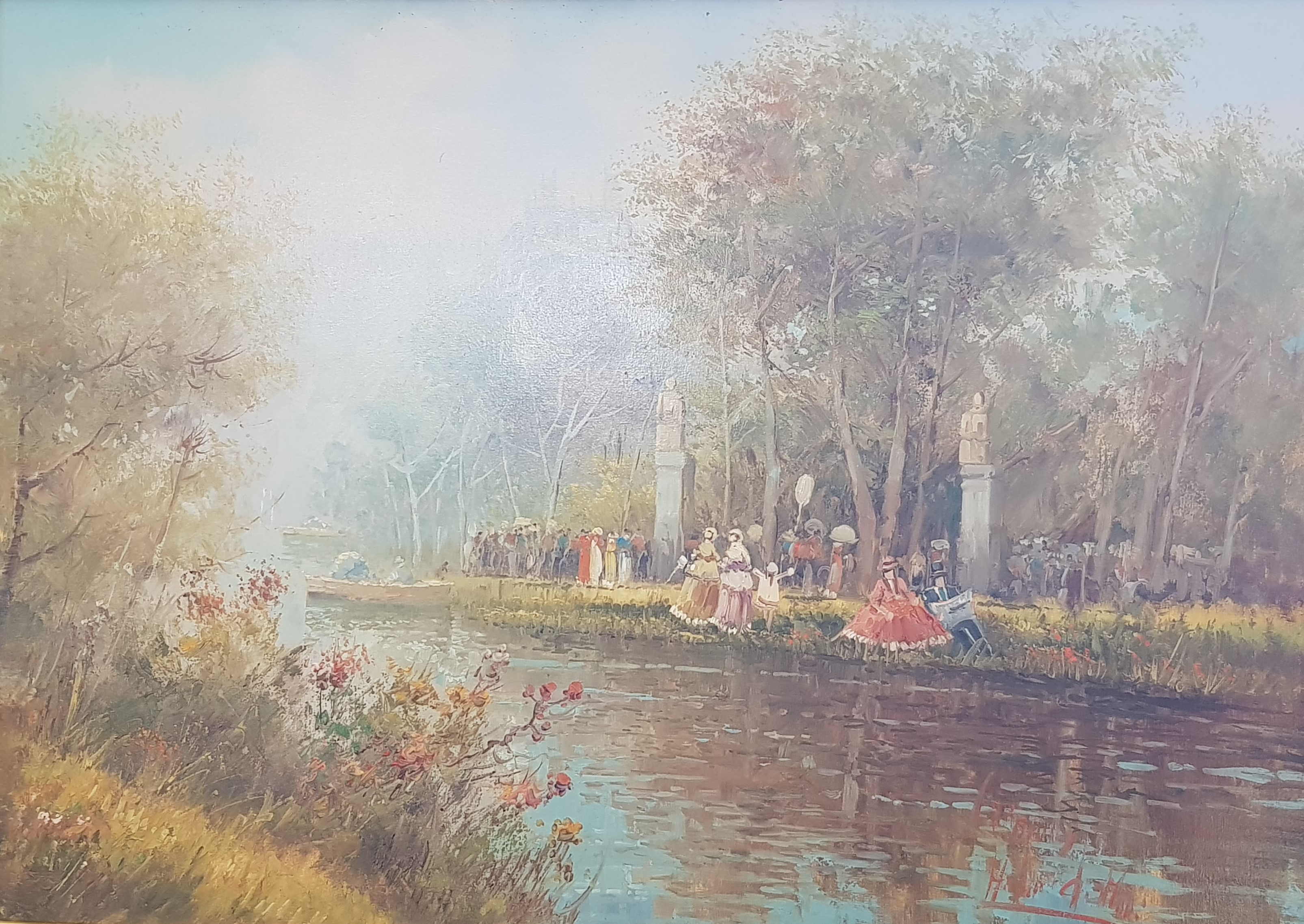 DI MEO. Framed, unglazed, signed early 20th century oil on canvas, villagers beside river, with