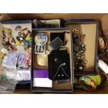 A box of costume jewellery, to include beads, compacts/mirrors, earrings, bangles, bracelets etc.
