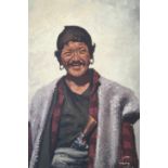 GUAQ. Two framed, signed oil on canvas on boards, Mongolian nomad carrying knife and Mongolian
