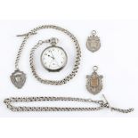 A silver crown wind open face pocket watch, the white enamel dial having hourly Arabic numeral