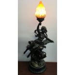 A bronzed finished light fitting of a nymph figure holding flame with cherub, height 94.5cm