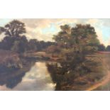 JOHN W. EYRE. Framed, signed oil on canvas, landscape with sheep grazing beside river, dated ‘86,