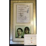 A Top of the pops set list by Oasis, signed by the band along with certificate of authenticity.