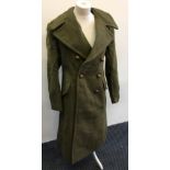 *A replica WW2 full length green wool coat with label inside.