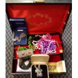 A collection of costume jewellery, to include beads, marcasite brooches, a curb link bracelet