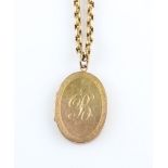 A hallmarked 9ct yellow gold oval locket, engraved with initial to front, on a belcher link chain,