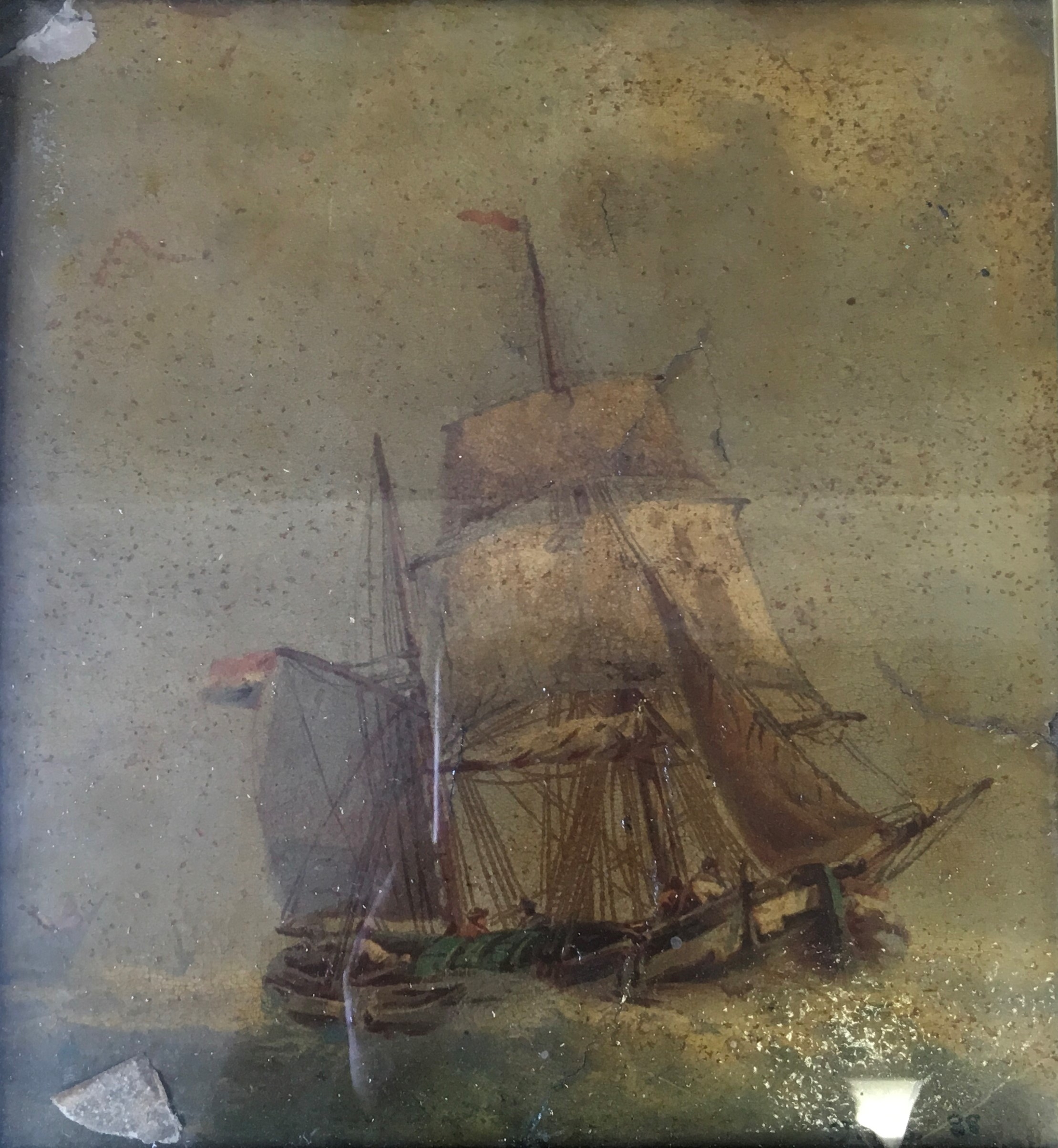 Pair of framed, glazed oil on boards, stormy shipping scenes, signed with the initials J.I.B. and - Image 2 of 2