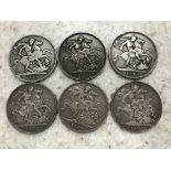 Six Victorian silver crowns, dates 1894, 1893, two from 1890 and two from 1889.