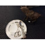 A selection of metal serving dishes, serving spoons etc.