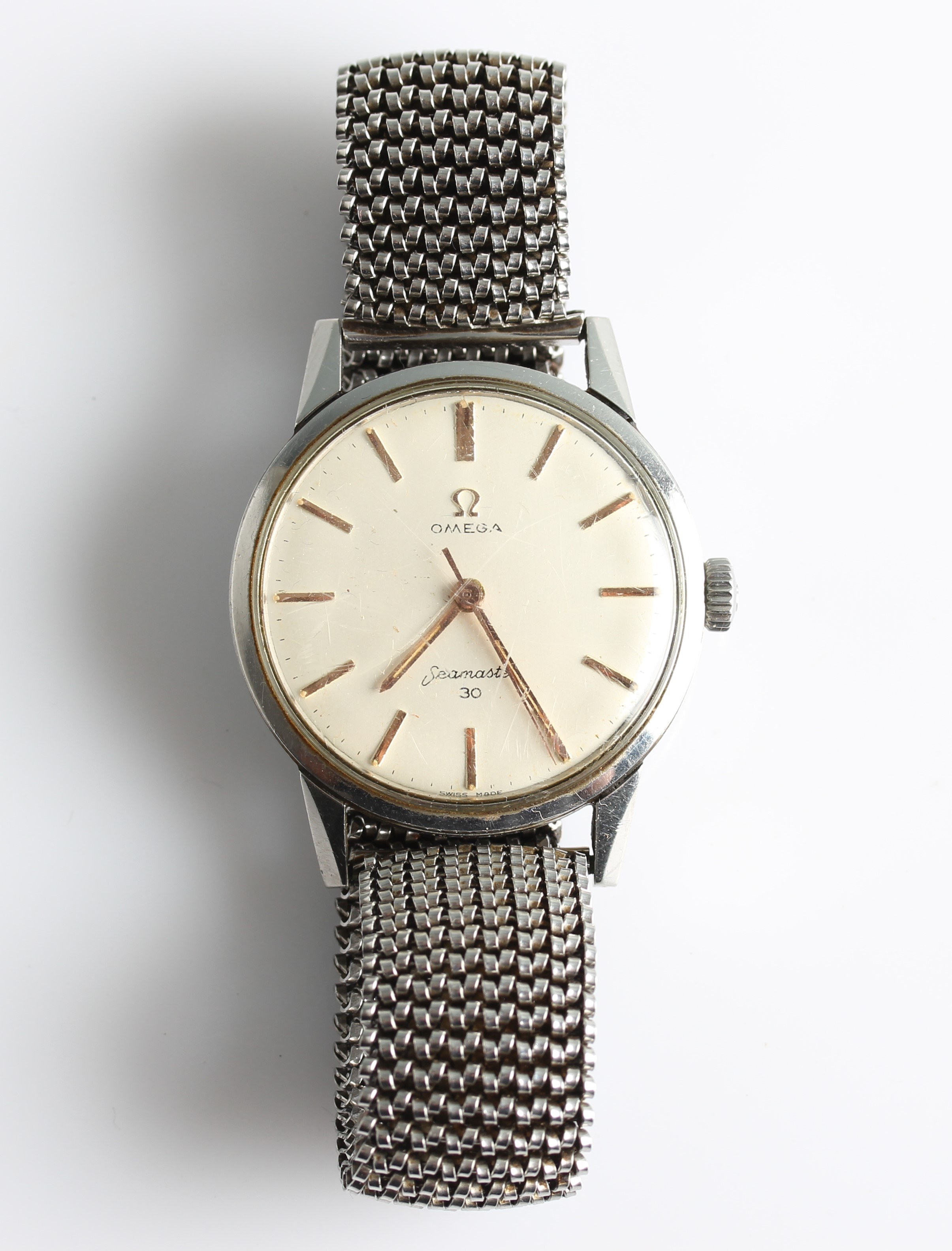 A gents Omega Seamaster 30 wrist watch, the cream dial having hourly baton markers with minute track