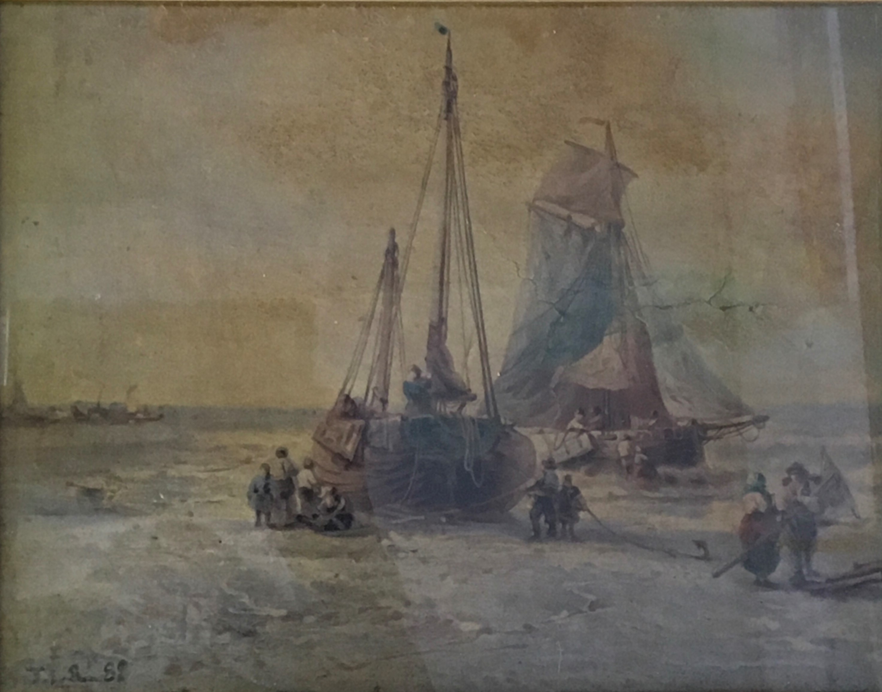 Pair of framed, glazed oil on boards, stormy shipping scenes, signed with the initials J.I.B. and