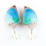 A pair of Liberty & Co. silver, enamel and freshwater pearl clip-on earrings, each featuring