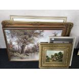 Selection of various framed oils and prints to include a thatched cottage and a maritime scene.