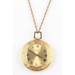 A gold plated Rotary slimline pocket watch, on a fancy curb link chain, indistinctly stamped.