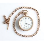 A 9ct yellow gold cased crown wind open face pocket watch, the white enamel dial having hourly