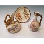 A group of three Royal Worcester pieces to include a shaped plate with floral design and puce mark