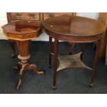 A walnut sewing table together with a mahogany two tier occasional table.