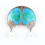 A Liberty & Co. silver, enamel and freshwater pearl brooch, having blue to green enamel panels