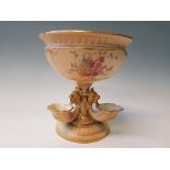 A Royal Worcester centrepiece bowl raised on single stem and three trumpets to base. Puce mark to