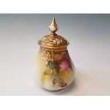 A Royal Worcester M. HUNT floral painted vase with pierced lid. Puce mark to base dated 1935, height