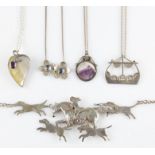 A lot to include, four hallmarked silver necklaces, one set with a piece of amethyst, one set with